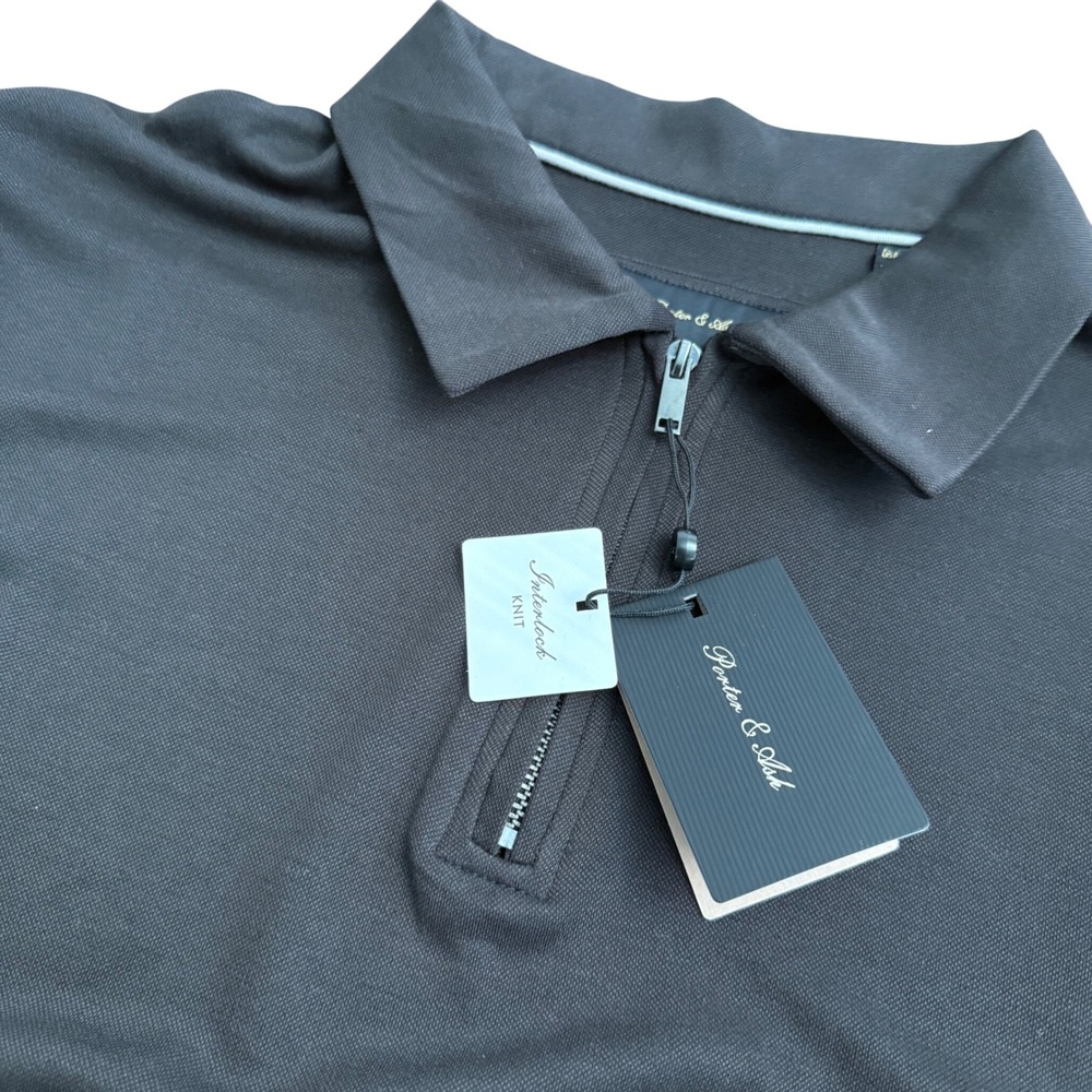 Porter & Ash Mens Quarter Zip Polo Shirt‎ L Brown Sandwashed Interlock Knit NWT